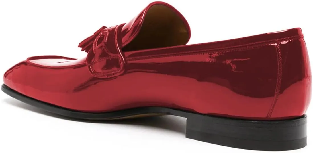 FOWT Men Glossy Square Toe Tassels Decor Loafers Low Heel Slip On Casual Daily Walking Shoes Size 4-16 US