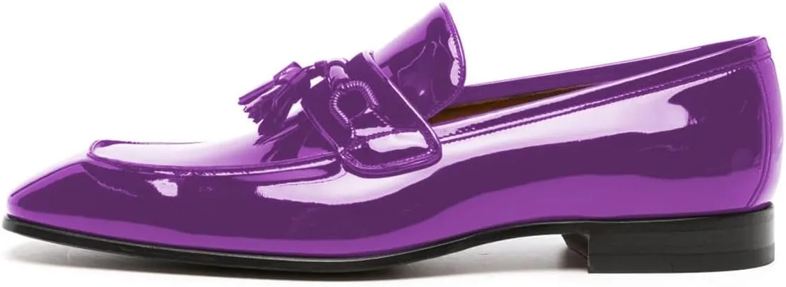 FOWT Men Glossy Square Toe Tassels Decor Loafers Low Heel Slip On Casual Daily Walking Shoes Size 4-16 US