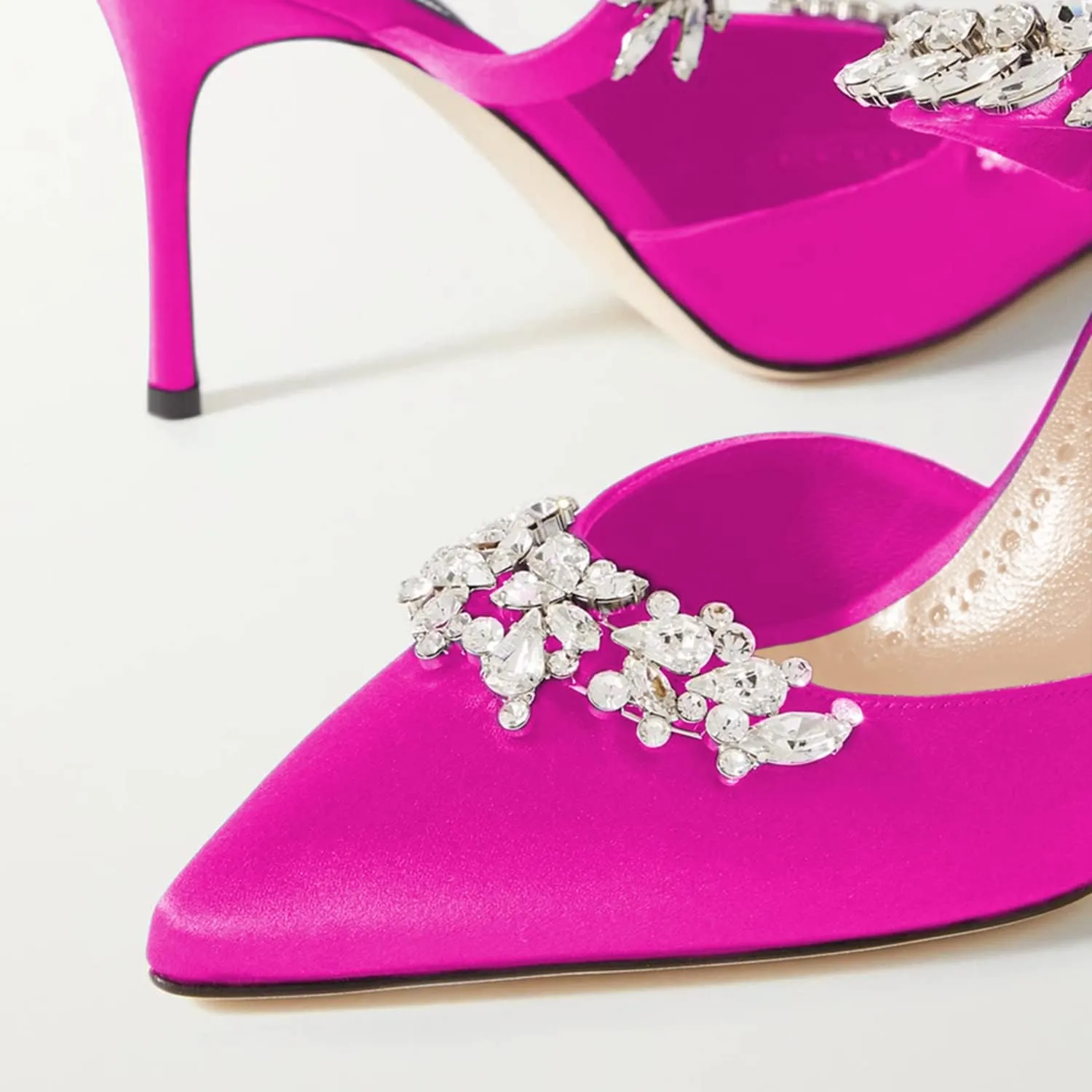 FOWT Women’s Studded Crystals Stiletto High Heel Slippers,Backless Slip On Makeup Party Pumps for Lady,Pointy Toe Satin Evening Dress Party Shoes