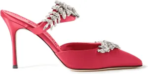 FOWT Women’s Studded Crystals Stiletto High Heel Slippers,Backless Slip On Makeup Party Pumps for Lady,Pointy Toe Satin Evening Dress Party Shoes