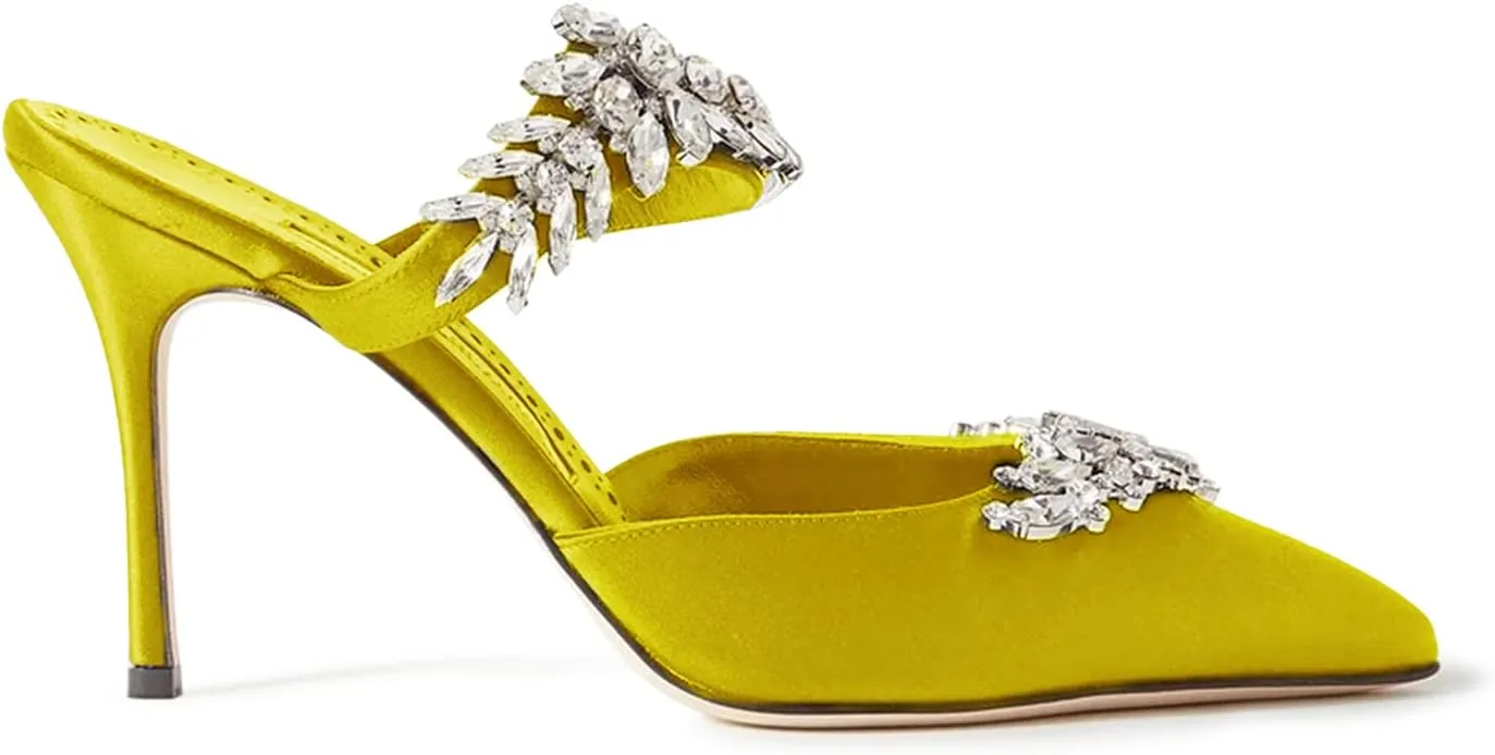FOWT Women’s Studded Crystals Stiletto High Heel Slippers,Backless Slip On Makeup Party Pumps for Lady,Pointy Toe Satin Evening Dress Party Shoes