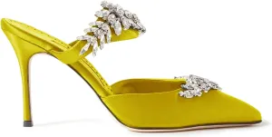 FOWT Women’s Studded Crystals Stiletto High Heel Slippers,Backless Slip On Makeup Party Pumps for Lady,Pointy Toe Satin Evening Dress Party Shoes