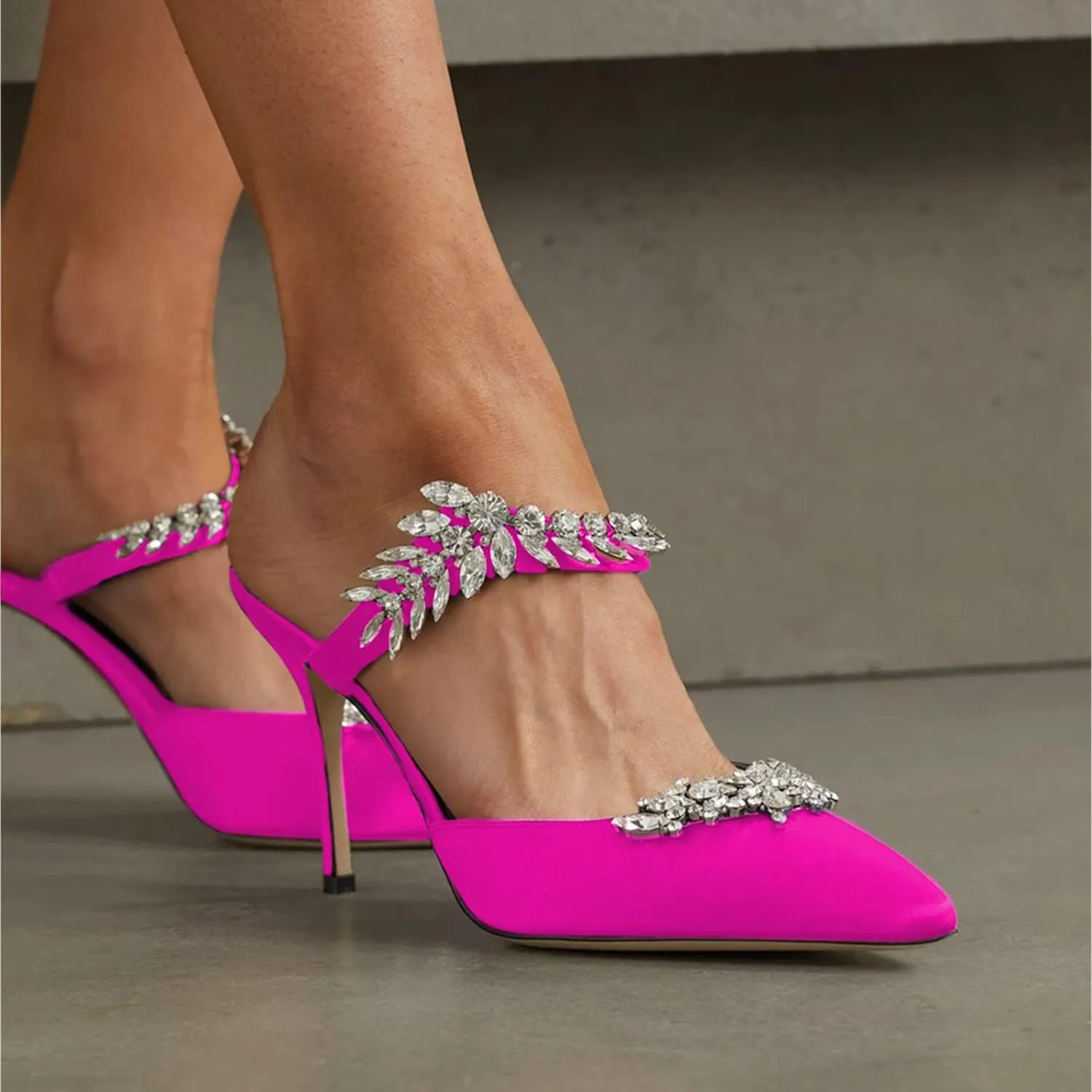 FOWT Women’s Studded Crystals Stiletto High Heel Slippers,Backless Slip On Makeup Party Pumps for Lady,Pointy Toe Satin Evening Dress Party Shoes