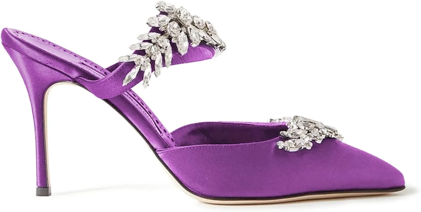 FOWT Women’s Studded Crystals Stiletto High Heel Slippers,Backless Slip On Makeup Party Pumps for Lady,Pointy Toe Satin Evening Dress Party Shoes