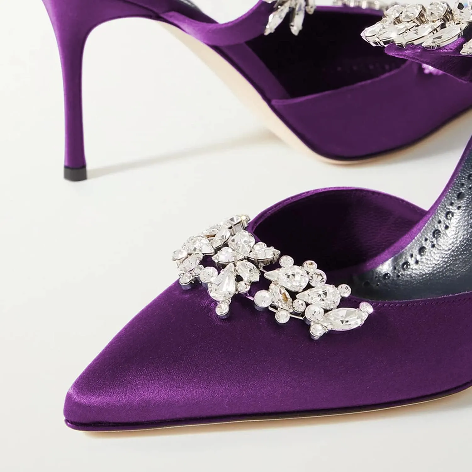 FOWT Women’s Studded Crystals Stiletto High Heel Slippers,Backless Slip On Makeup Party Pumps for Lady,Pointy Toe Satin Evening Dress Party Shoes