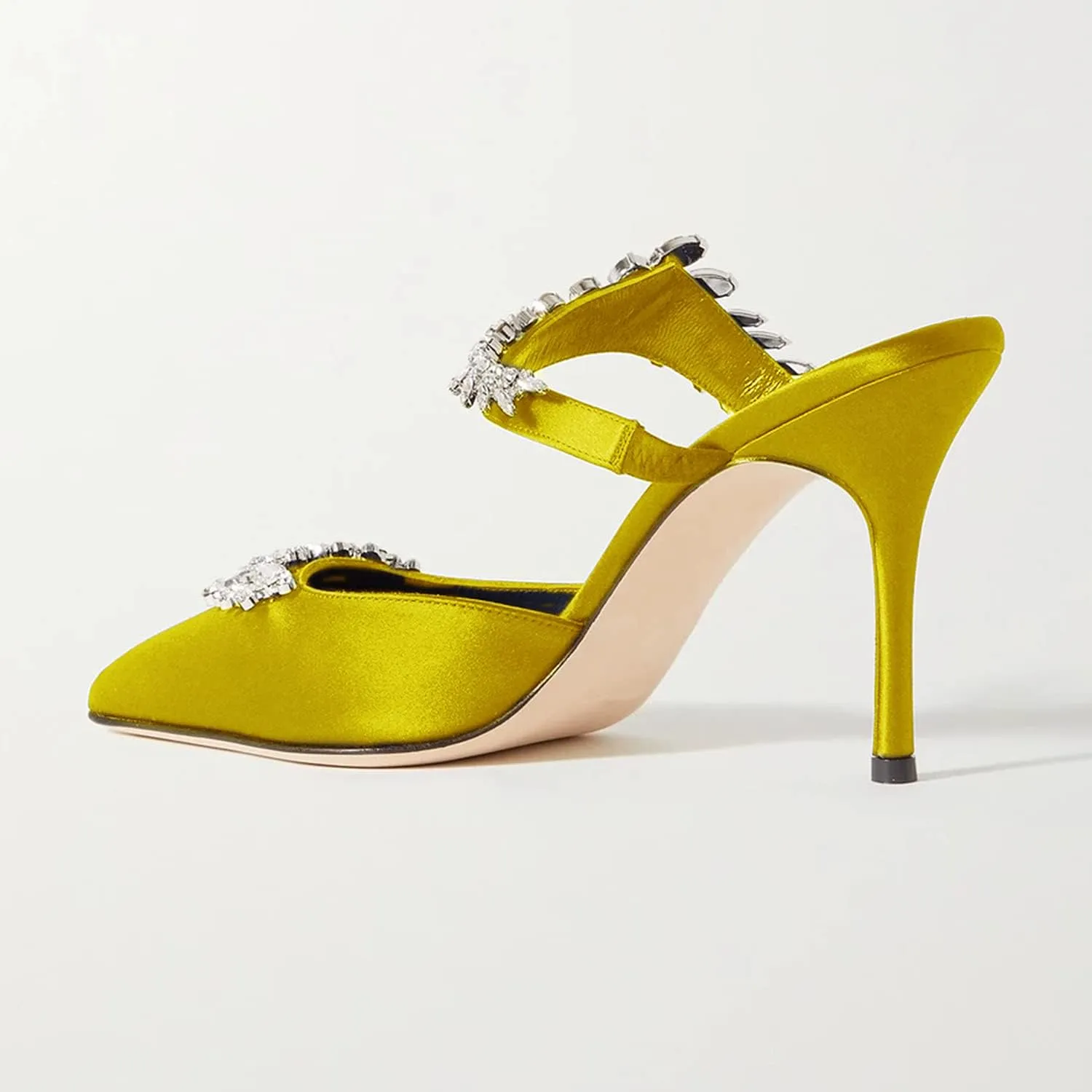 FOWT Women’s Studded Crystals Stiletto High Heel Slippers,Backless Slip On Makeup Party Pumps for Lady,Pointy Toe Satin Evening Dress Party Shoes