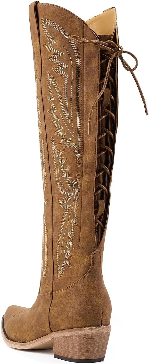 Fringe Cowboy Boots for Women Wide Calf Embroidered Tassal Cowgirl Boot Knee High Snip Toe Pull On Western Shoes