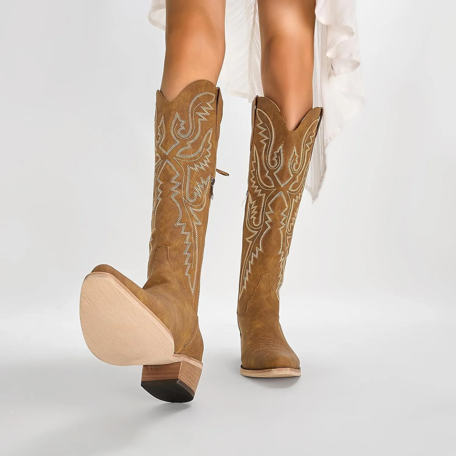Fringe Cowboy Boots for Women Wide Calf Embroidered Tassal Cowgirl Boot Knee High Snip Toe Pull On Western Shoes