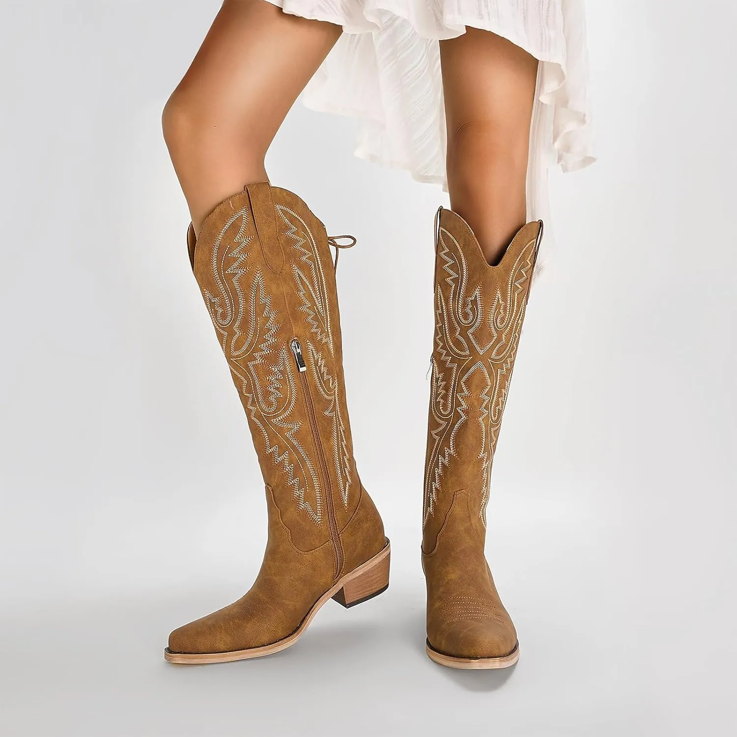 Fringe Cowboy Boots for Women Wide Calf Embroidered Tassal Cowgirl Boot Knee High Snip Toe Pull On Western Shoes