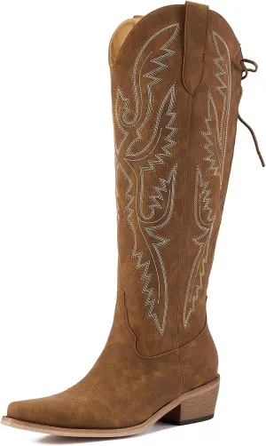 Fringe Cowboy Boots for Women Wide Calf Embroidered Tassal Cowgirl Boot Knee High Snip Toe Pull On Western Shoes