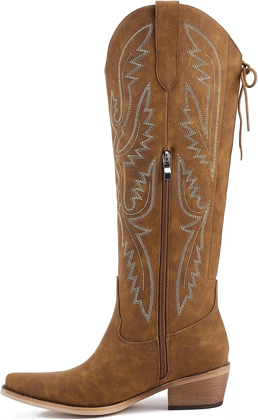 Fringe Cowboy Boots for Women Wide Calf Embroidered Tassal Cowgirl Boot Knee High Snip Toe Pull On Western Shoes
