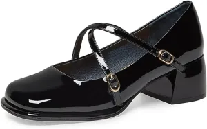 FSJ Women Glossy Classic Round Toe Loafers Block Low Heel Cross Strap Buckle Party Prom Dress Ladies Students Shoes Size 4-15 US
