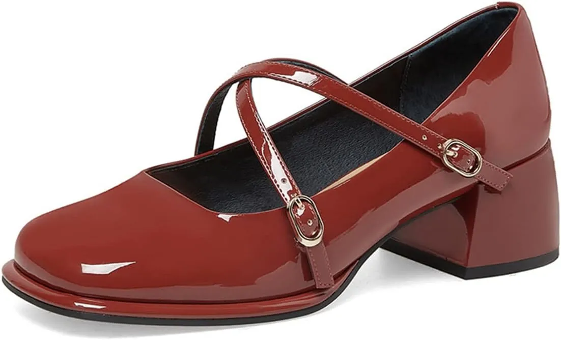 FSJ Women Glossy Classic Round Toe Loafers Block Low Heel Cross Strap Buckle Party Prom Dress Ladies Students Shoes Size 4-15 US