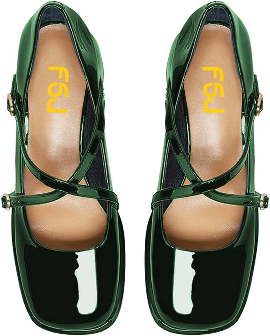 FSJ Women Glossy Classic Round Toe Loafers Block Low Heel Cross Strap Buckle Party Prom Dress Ladies Students Shoes Size 4-15 US