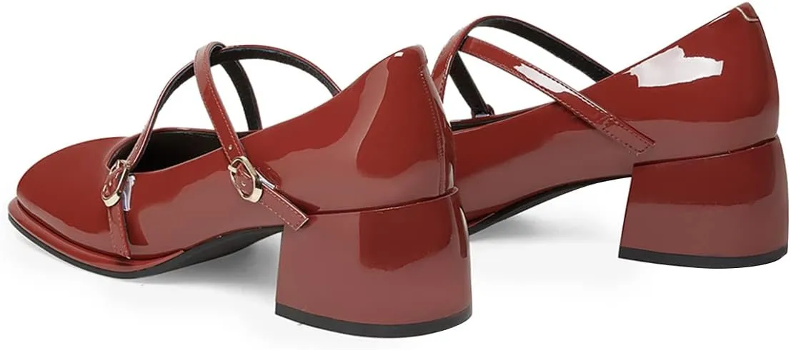 FSJ Women Glossy Classic Round Toe Loafers Block Low Heel Cross Strap Buckle Party Prom Dress Ladies Students Shoes Size 4-15 US