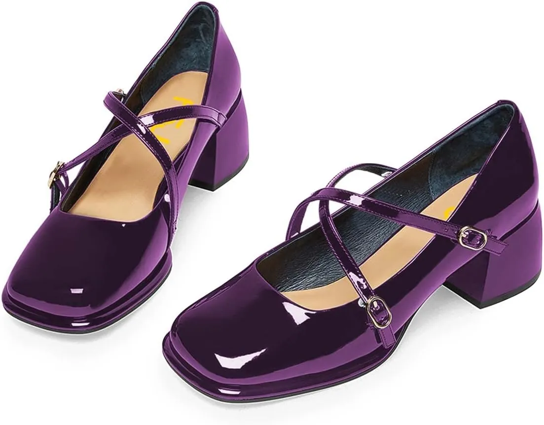 FSJ Women Glossy Classic Round Toe Loafers Block Low Heel Cross Strap Buckle Party Prom Dress Ladies Students Shoes Size 4-15 US