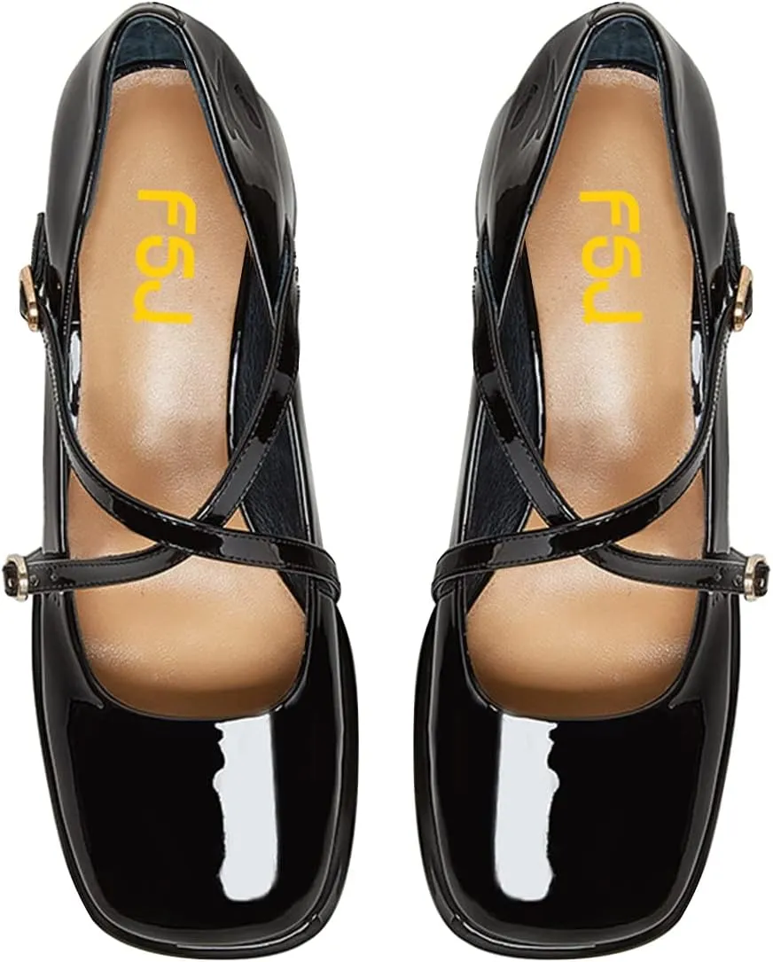 FSJ Women Glossy Classic Round Toe Loafers Block Low Heel Cross Strap Buckle Party Prom Dress Ladies Students Shoes Size 4-15 US