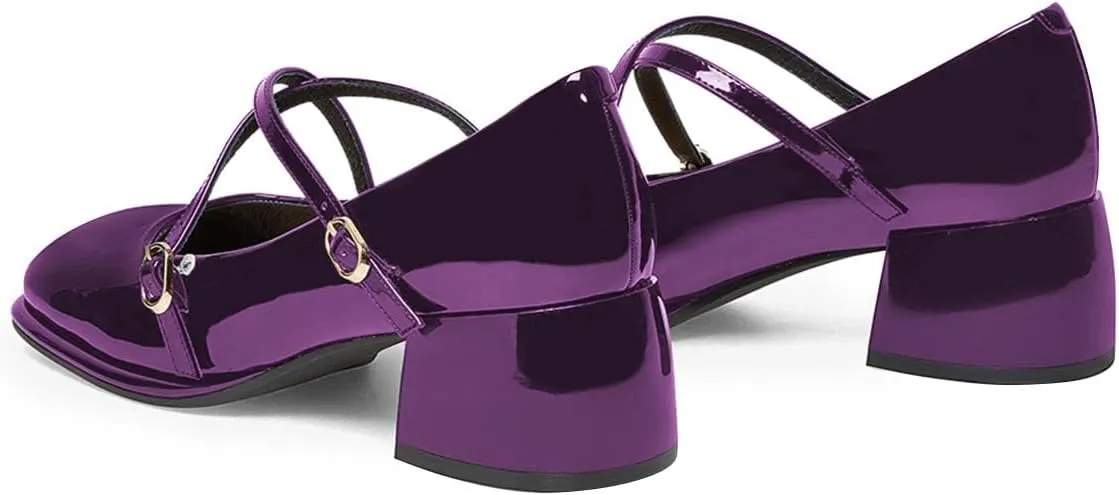 FSJ Women Glossy Classic Round Toe Loafers Block Low Heel Cross Strap Buckle Party Prom Dress Ladies Students Shoes Size 4-15 US