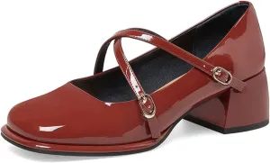 FSJ Women Glossy Classic Round Toe Loafers Block Low Heel Cross Strap Buckle Party Prom Dress Ladies Students Shoes Size 4-15 US