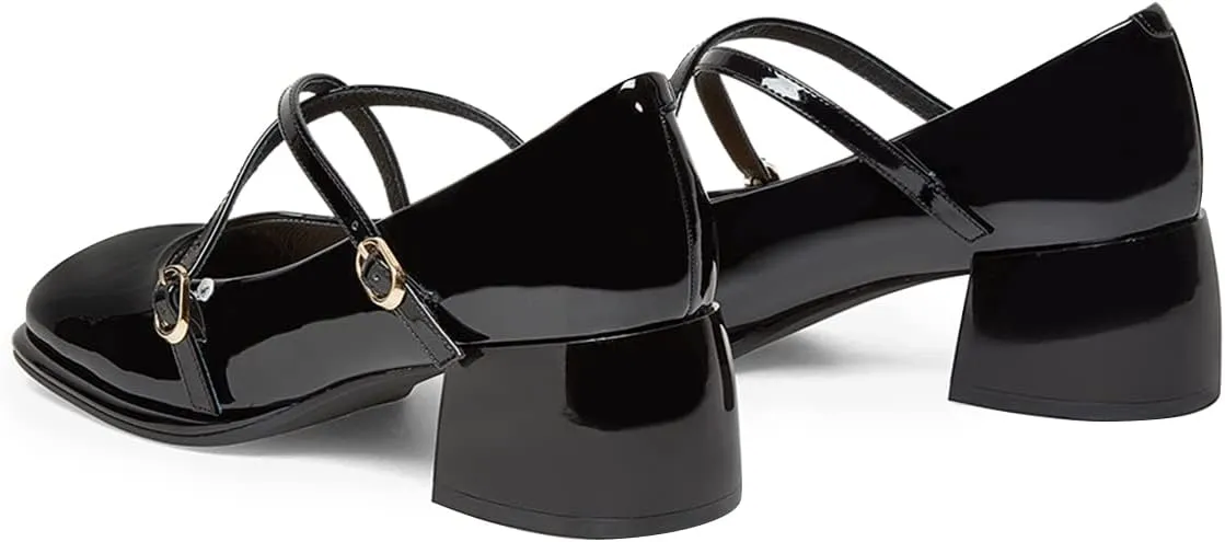 FSJ Women Glossy Classic Round Toe Loafers Block Low Heel Cross Strap Buckle Party Prom Dress Ladies Students Shoes Size 4-15 US
