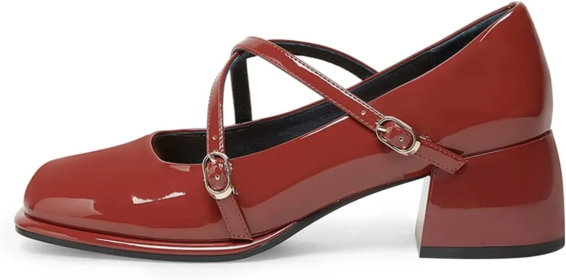 FSJ Women Glossy Classic Round Toe Loafers Block Low Heel Cross Strap Buckle Party Prom Dress Ladies Students Shoes Size 4-15 US