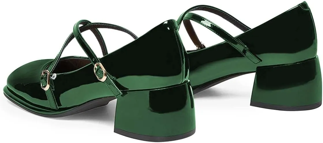 FSJ Women Glossy Classic Round Toe Loafers Block Low Heel Cross Strap Buckle Party Prom Dress Ladies Students Shoes Size 4-15 US