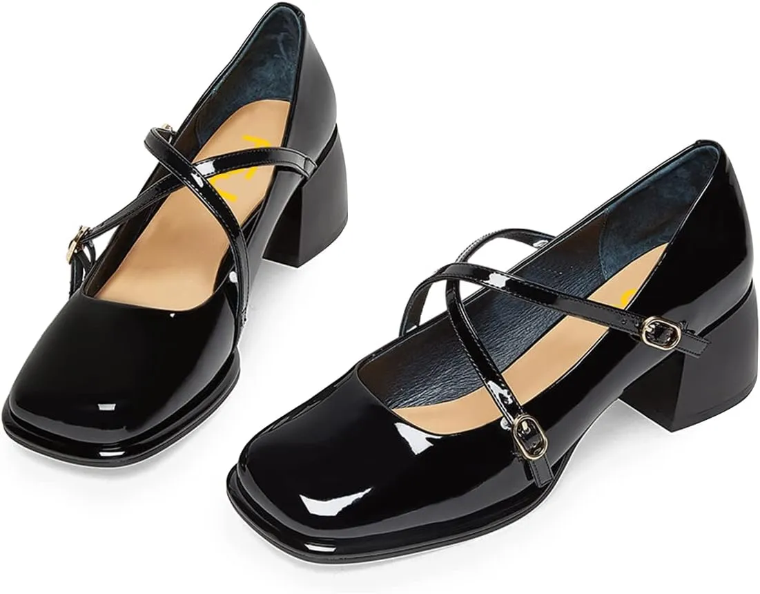 FSJ Women Glossy Classic Round Toe Loafers Block Low Heel Cross Strap Buckle Party Prom Dress Ladies Students Shoes Size 4-15 US
