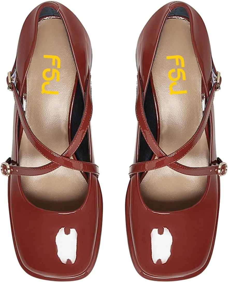 FSJ Women Glossy Classic Round Toe Loafers Block Low Heel Cross Strap Buckle Party Prom Dress Ladies Students Shoes Size 4-15 US