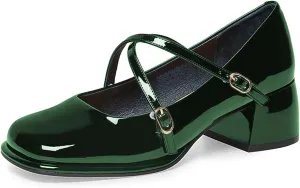 FSJ Women Glossy Classic Round Toe Loafers Block Low Heel Cross Strap Buckle Party Prom Dress Ladies Students Shoes Size 4-15 US