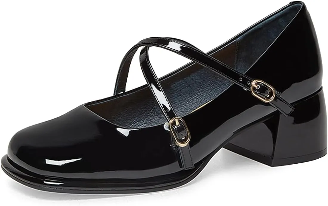 FSJ Women Glossy Classic Round Toe Loafers Block Low Heel Cross Strap Buckle Party Prom Dress Ladies Students Shoes Size 4-15 US