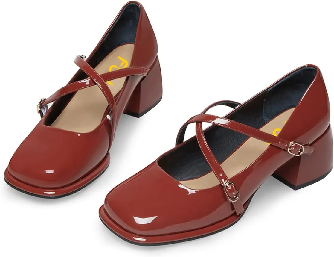 FSJ Women Glossy Classic Round Toe Loafers Block Low Heel Cross Strap Buckle Party Prom Dress Ladies Students Shoes Size 4-15 US