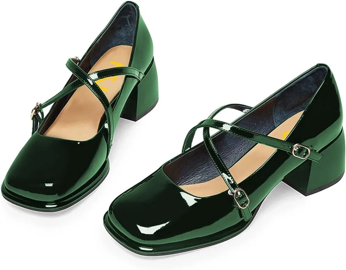 FSJ Women Glossy Classic Round Toe Loafers Block Low Heel Cross Strap Buckle Party Prom Dress Ladies Students Shoes Size 4-15 US