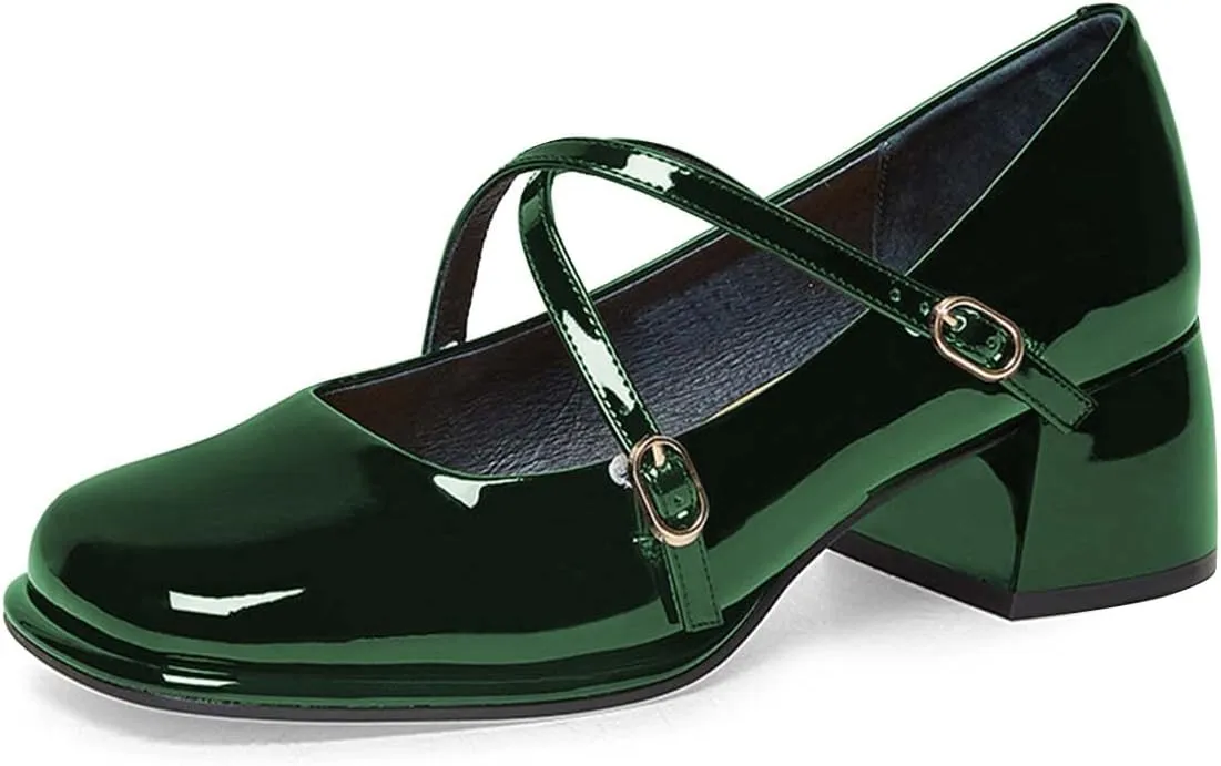 FSJ Women Glossy Classic Round Toe Loafers Block Low Heel Cross Strap Buckle Party Prom Dress Ladies Students Shoes Size 4-15 US