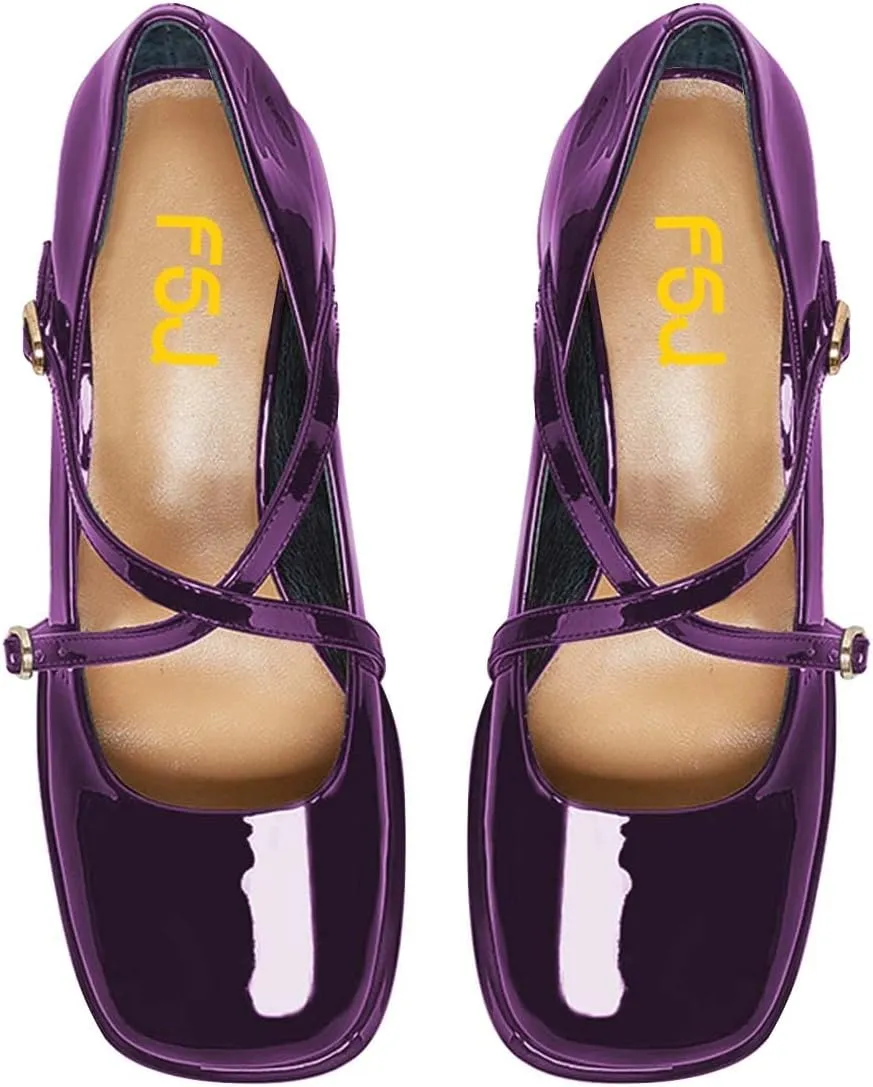 FSJ Women Glossy Classic Round Toe Loafers Block Low Heel Cross Strap Buckle Party Prom Dress Ladies Students Shoes Size 4-15 US