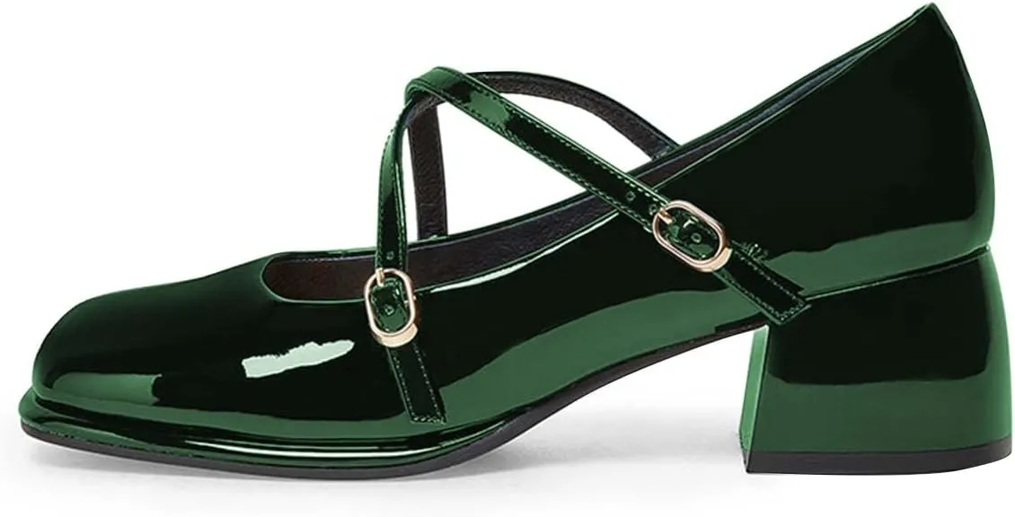 FSJ Women Glossy Classic Round Toe Loafers Block Low Heel Cross Strap Buckle Party Prom Dress Ladies Students Shoes Size 4-15 US
