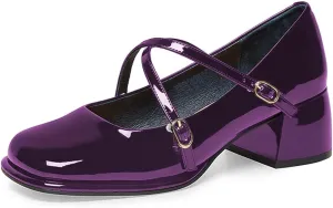 FSJ Women Glossy Classic Round Toe Loafers Block Low Heel Cross Strap Buckle Party Prom Dress Ladies Students Shoes Size 4-15 US