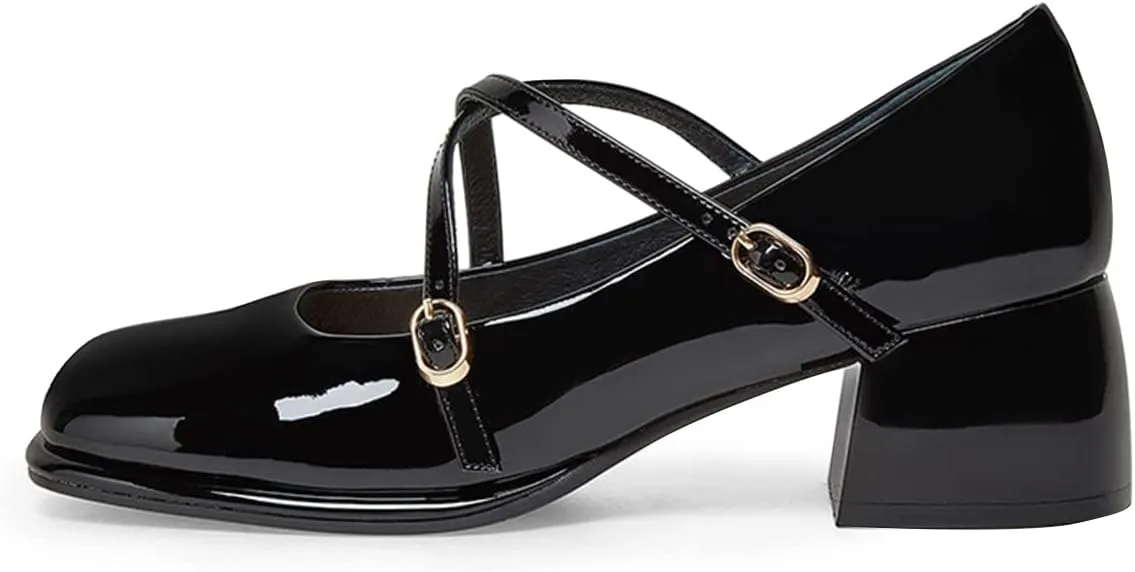 FSJ Women Glossy Classic Round Toe Loafers Block Low Heel Cross Strap Buckle Party Prom Dress Ladies Students Shoes Size 4-15 US