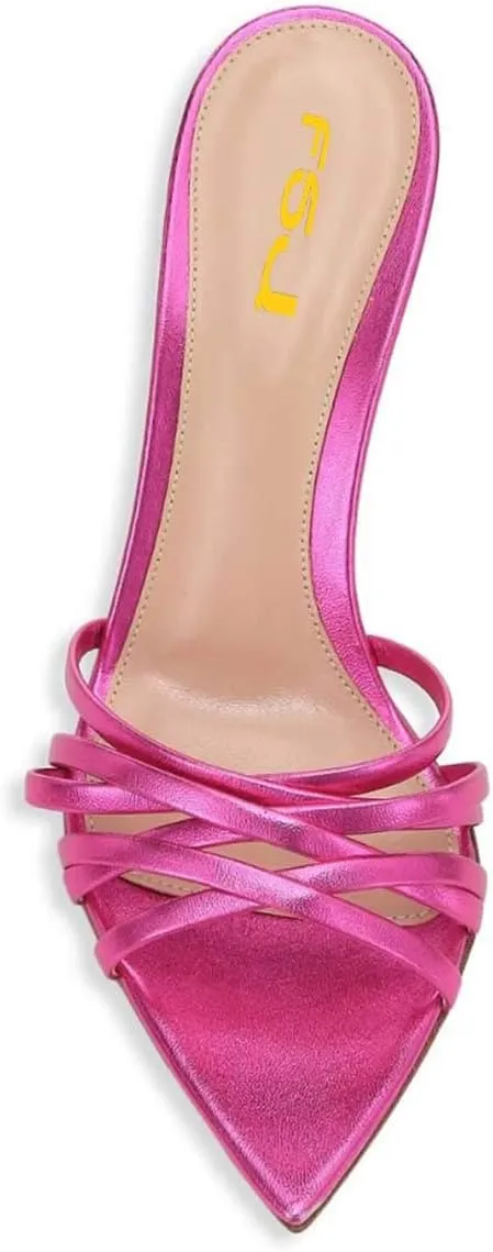 FSJ Women High Heel Pointy Open Toe Clog Mules Gladiator Strappy Sandals Slip On Slide Comfort Summer Shoes Size 4-15 US