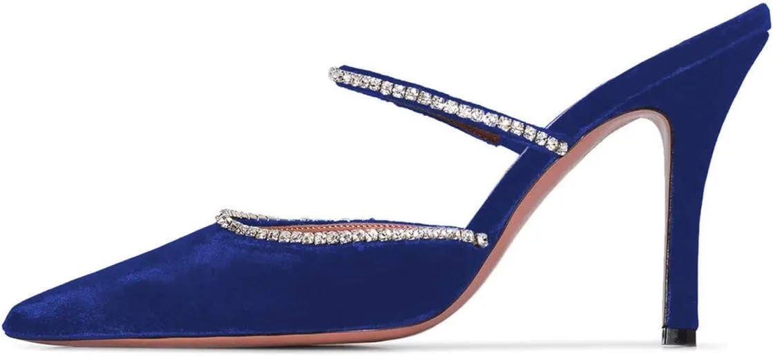 FSJ Women Sexy Rhinestone Slide Mules Pumps Pointed Strappy High Heels Sandals for Party Evening Shoes