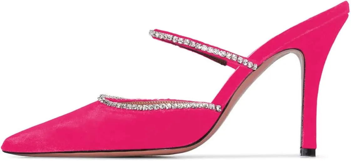 FSJ Women Sexy Rhinestone Slide Mules Pumps Pointed Strappy High Heels Sandals for Party Evening Shoes