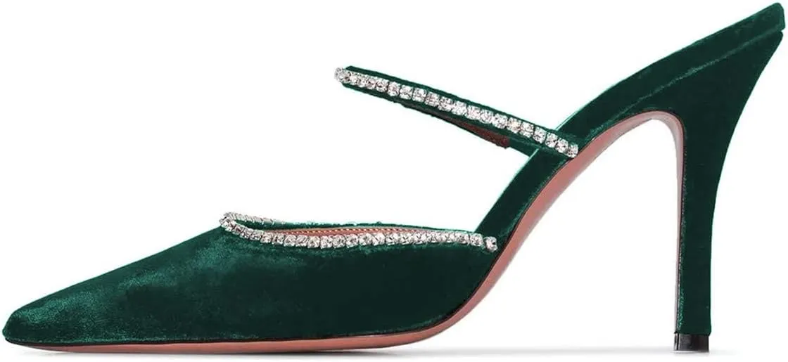 FSJ Women Sexy Rhinestone Slide Mules Pumps Pointed Strappy High Heels Sandals for Party Evening Shoes