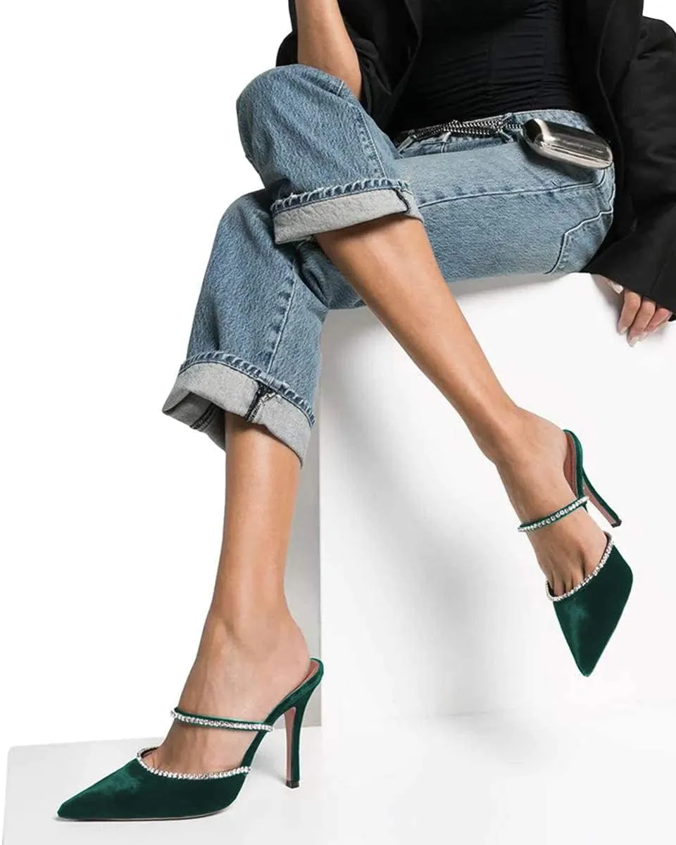 FSJ Women Sexy Rhinestone Slide Mules Pumps Pointed Strappy High Heels Sandals for Party Evening Shoes