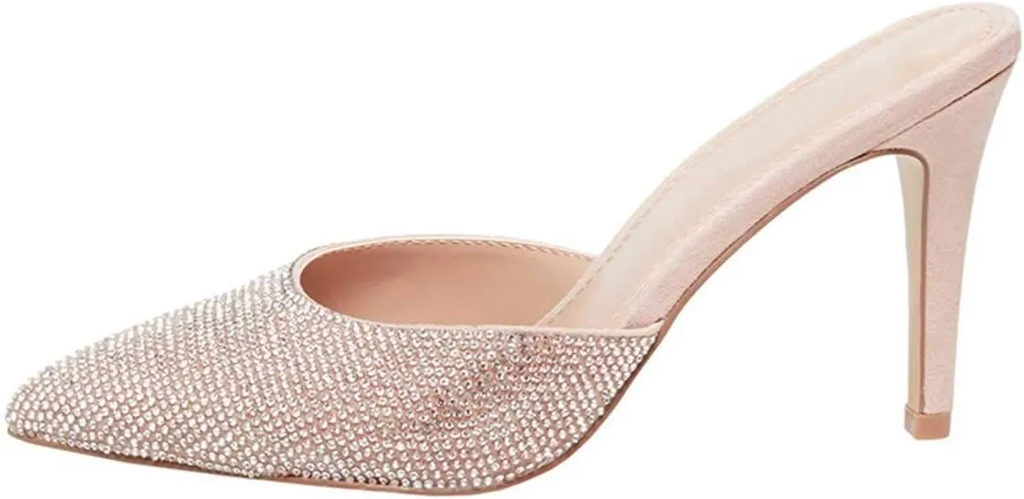 FSJ Women Slip On Mid High Heeled Mules Slipper Closed Pointed Toe Sandals Slides Dress Shoes Size 4-15 US