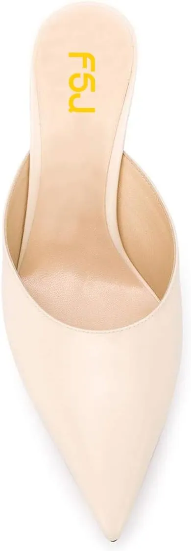 FSJ Women Slip On Mid High Heeled Mules Slipper Closed Pointed Toe Sandals Slides Dress Shoes Size 4-15 US