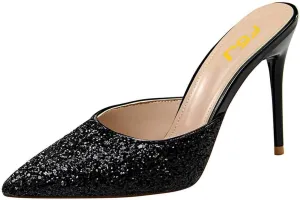 FSJ Women Slip On Mid High Heeled Mules Slipper Closed Pointed Toe Sandals Slides Dress Shoes Size 4-15 US