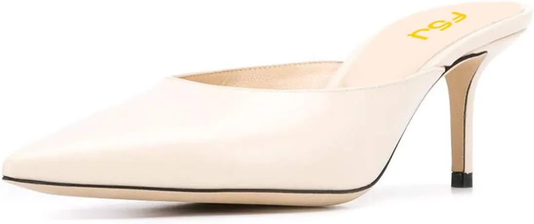FSJ Women Slip On Mid High Heeled Mules Slipper Closed Pointed Toe Sandals Slides Dress Shoes Size 4-15 US