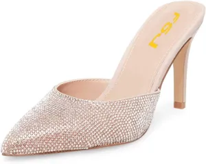 FSJ Women Slip On Mid High Heeled Mules Slipper Closed Pointed Toe Sandals Slides Dress Shoes Size 4-15 US