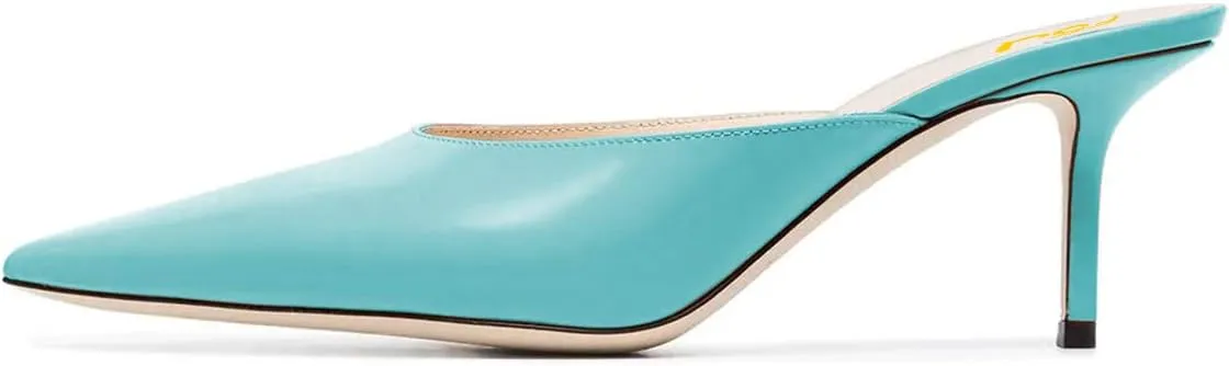 FSJ Women Slip On Mid High Heeled Mules Slipper Closed Pointed Toe Sandals Slides Dress Shoes Size 4-15 US