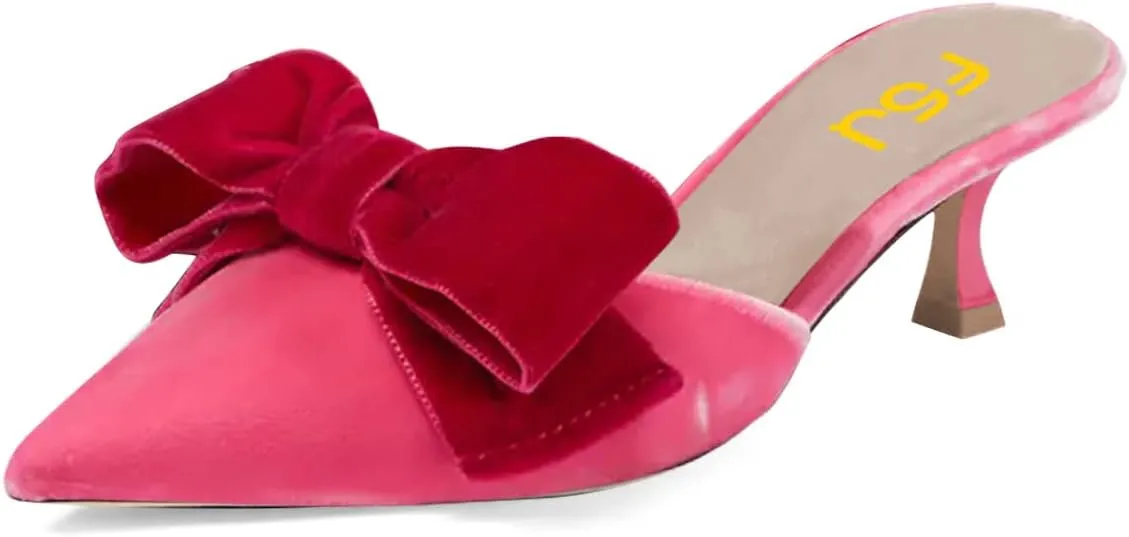FSJ Women Velvet Kitten Low Heel Mules Sandals Slip On Bowknot Closed Toe Backless Sexy Casual Dress Summer Slipper Slides Size 4-15 US