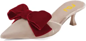 FSJ Women Velvet Kitten Low Heel Mules Sandals Slip On Bowknot Closed Toe Backless Sexy Casual Dress Summer Slipper Slides Size 4-15 US